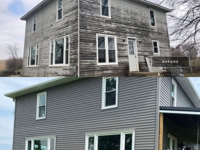 A before and after picture to showcase the same house in Moline, IL, after brand new siding was installed to enhance its appearance and structural integrity.