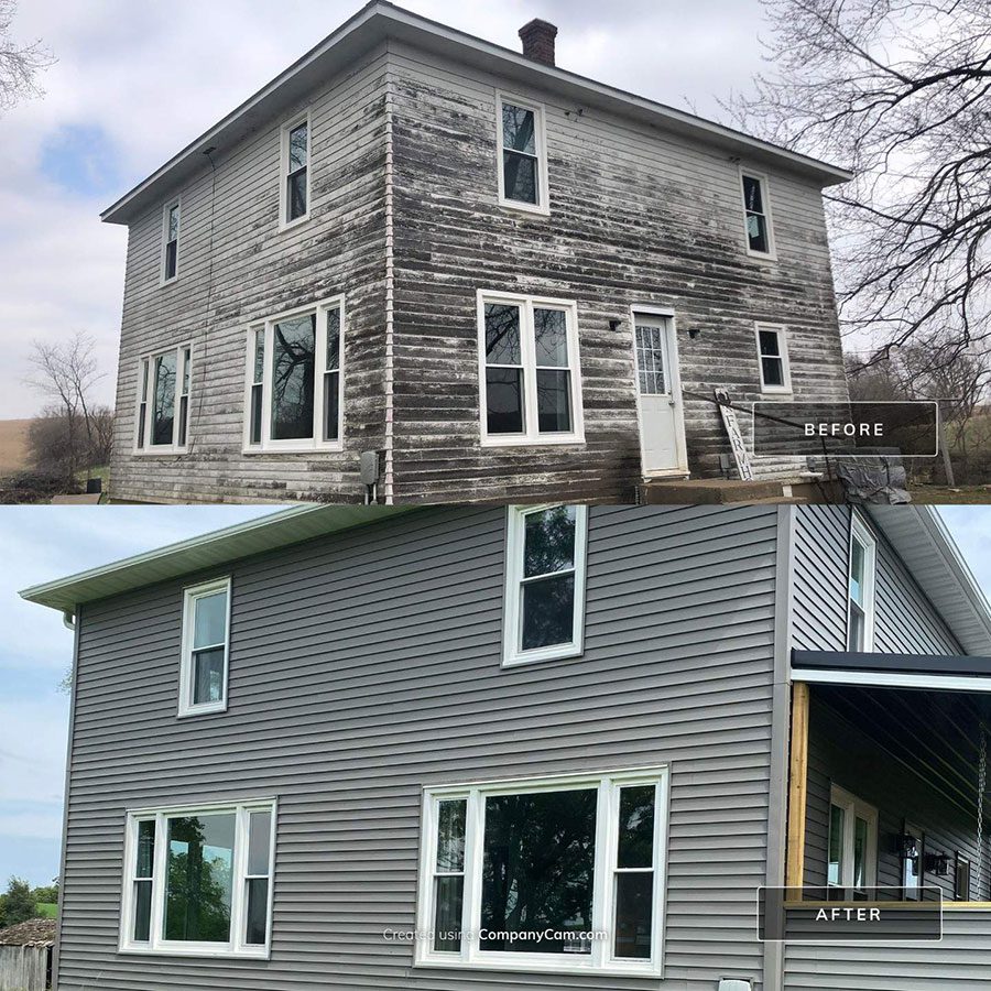 A before and after picture to showcase the same house in Moline, IL, after brand new siding was installed to enhance its appearance and structural integrity.