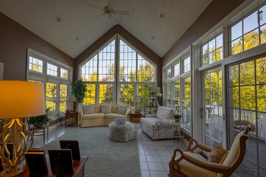 Family room with different types of Restorations Windows that were installed by Mainstream Home Improvement.