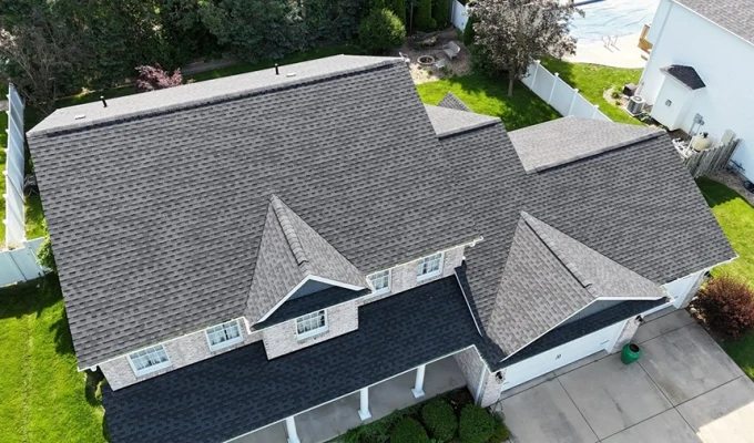 This is an aerial shot of a new roof that was installed by Mainstream Home Improvement in Moline, IL.
