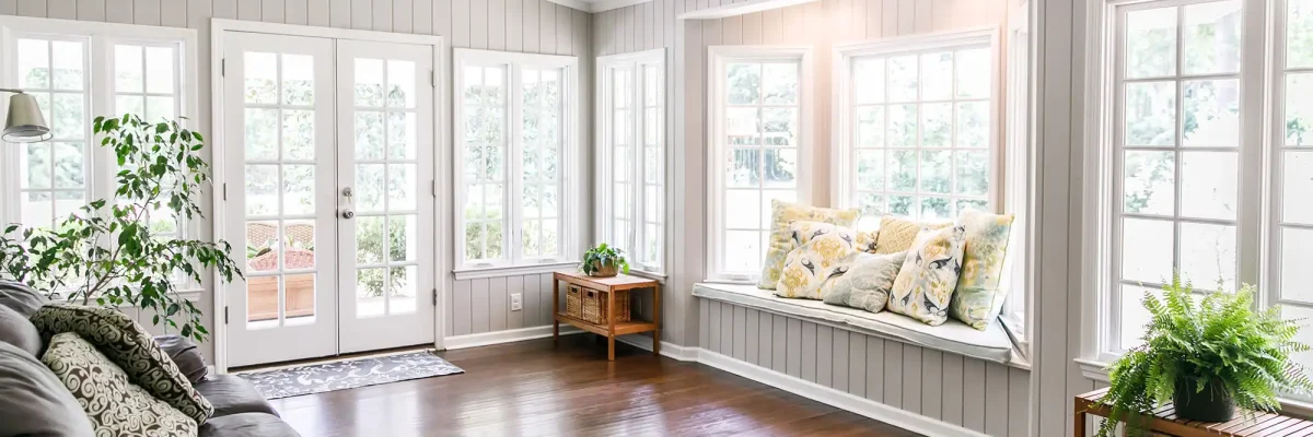 A bright sunroom with gray panelled walls, large windows, a cozy window seat with cushions, a brown couch, a side table, and various green plants.