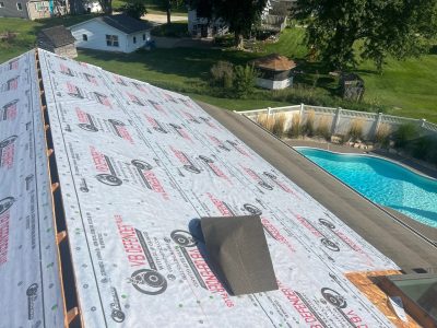 davenport roofing replacement - aerial view of roof & skylight, during