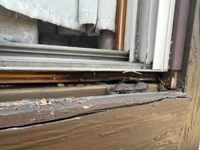 davenport patio door replacement - before starting exterior damage closeup