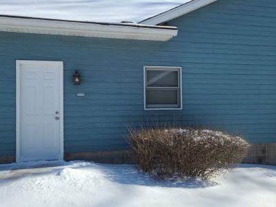 east moline window replacement - backyard view of blue and brick house, before
