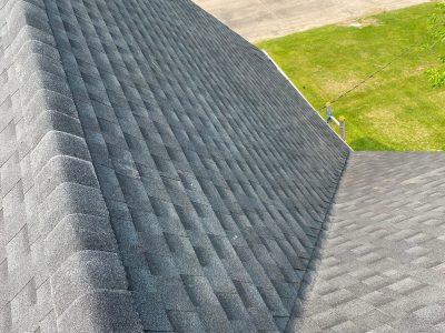 cambridge roofing replacement - new gray peak of roof, after - 2