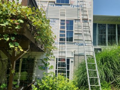 geneseo window installation - ladder and construction materials for window replacement, during
