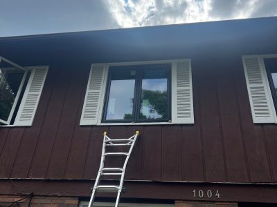Moline Window Installation - outside front 2nd floor windows, during